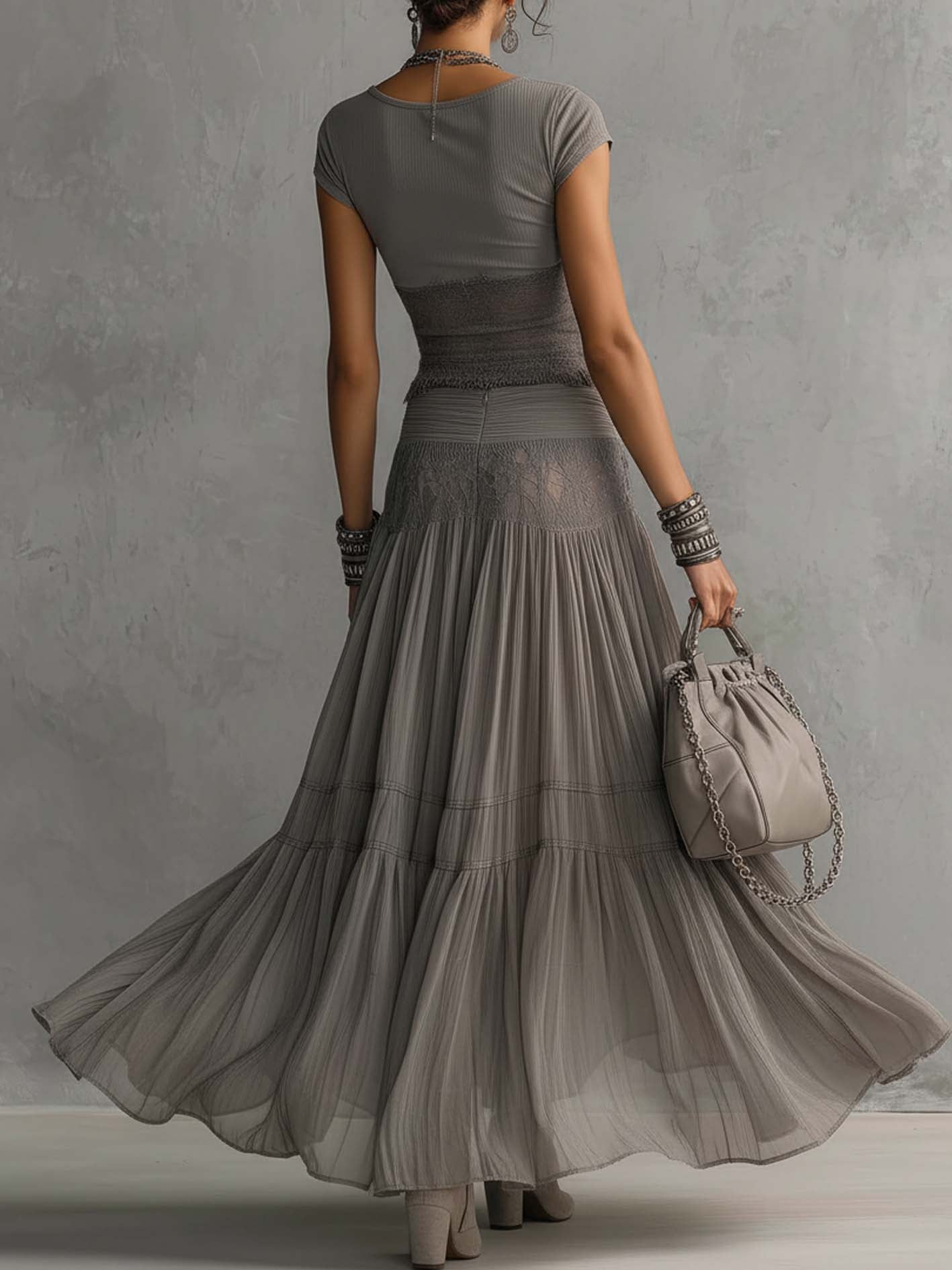 Luisa - Conjunto de Top de Encaje y Falda Maxi Plisada para Mujer