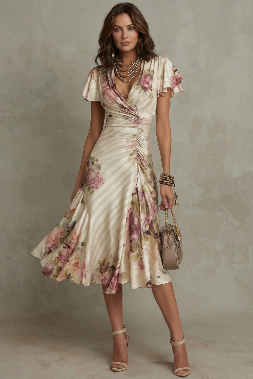 Rosavienne | Vestido midi Romántico vintage de satén para Mujer