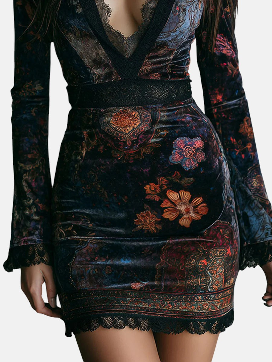 Liora ❘ Vestido Corto Elegante de Terciopelo Floral con Encaje